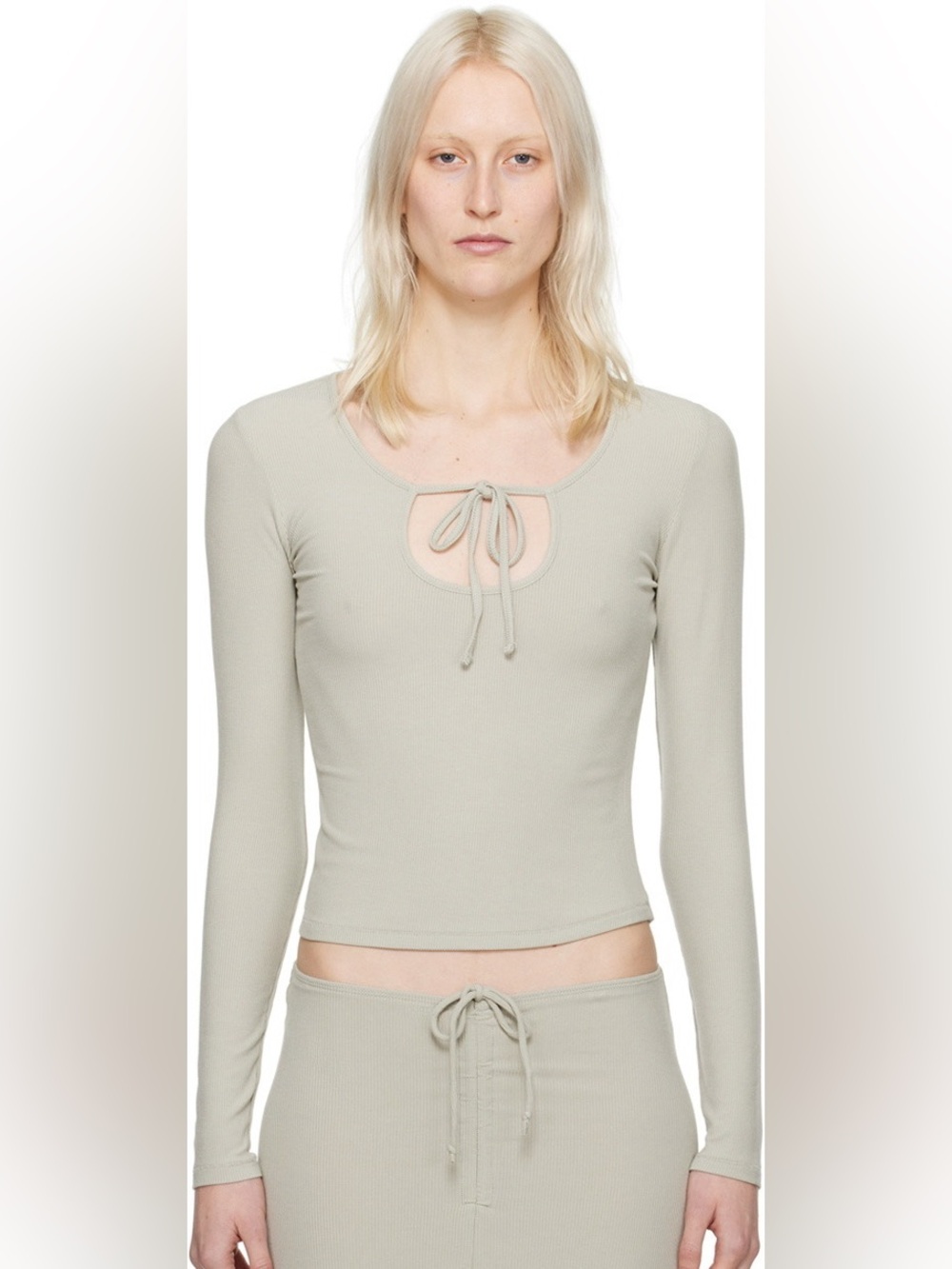 SKIMS Soft Lounge Tie Front Long Sleeve Ribbed Keyhole Top in Talc Size Large